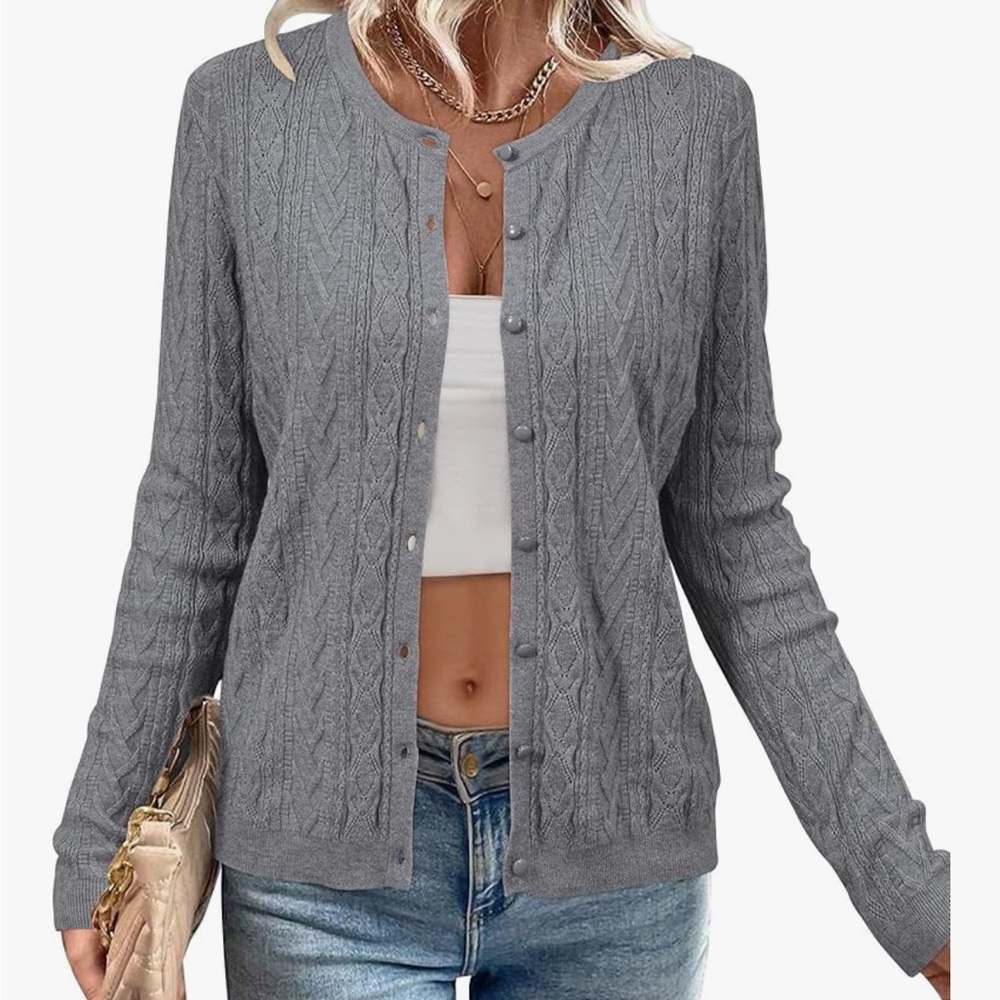 Arach&Cloz Soft Gray Women's Cable Knit Sweater Cardigan - Picture 2 of 8